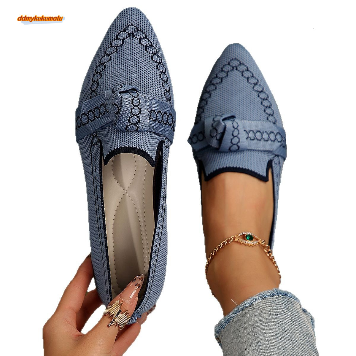 2025 slim pointed oversized flat sole single shoe with flying weave butterfly bow for casual and breathable women's shoes #ddmykukumalu