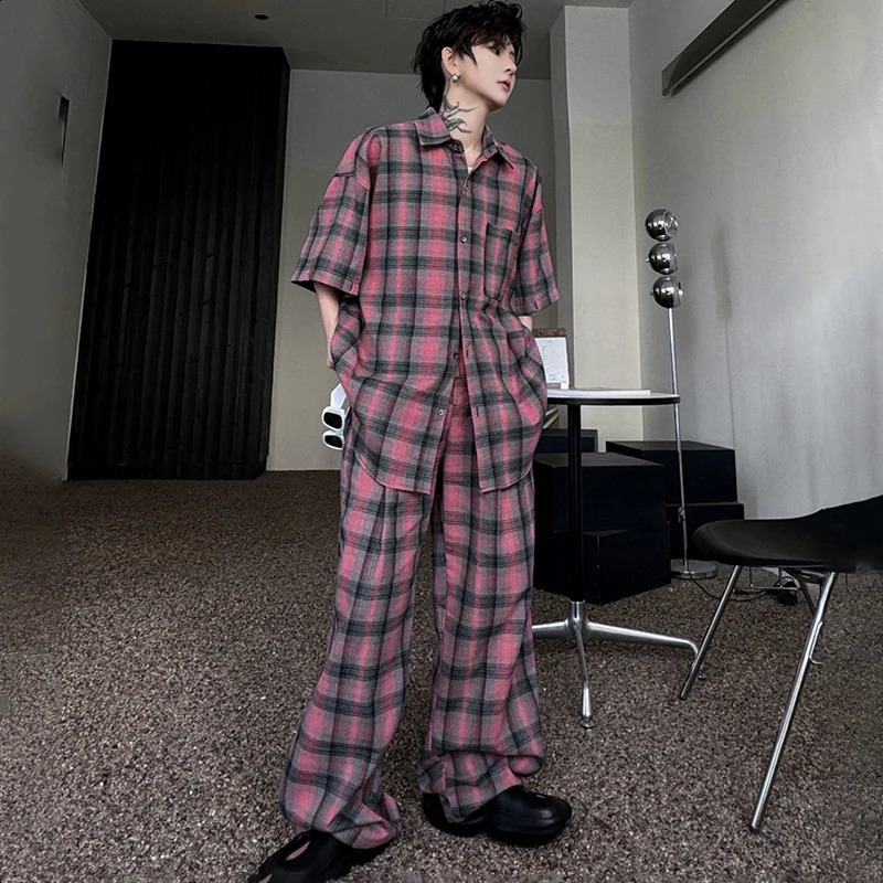 LUZHEN Stylish Detachable Sleeve Plaid Printed Two-piece Sets Trendy Loose Straight Pants Mens Shirts LZ2424 250303
