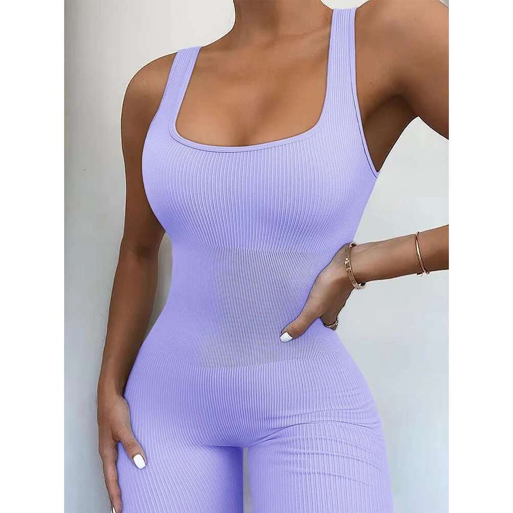 Women's Sleeveless Jumpsuit Exercise Ribbed Square Neck Vest High Waist Fiess Sports One-Piece Yoga Suit KLMY