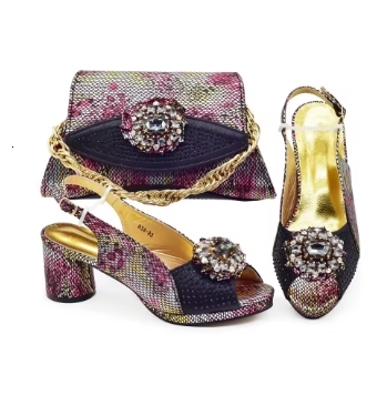 New Design Nigerian Wedding Matching Shoe and Bag Luxury Italian Shoes and Bag Set for Women High Heels Pumps with Rhinestone