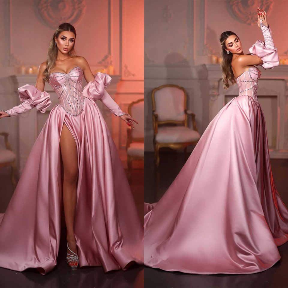 Delicate A e Evening Dresses Sweetheart Neck Removable Sleeves Split Side Gown Crystal Sequins Sweep Train Party Customized Dress