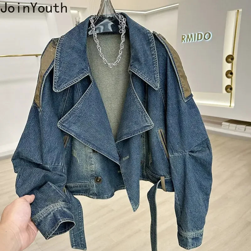 Streetwear denim womens jacket Ropa Mujer patch work leather PU casual Y2k top Harajuku fashion retro 250306