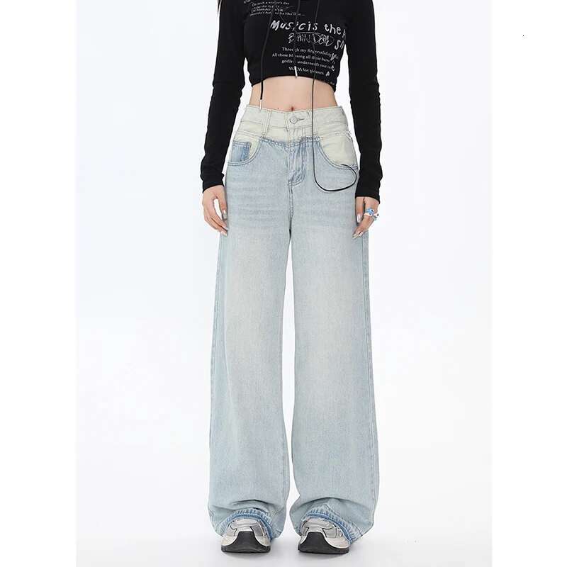 2024 Autumn Baggy Wide Leg Women Quality High Waisted Denim Pants Light Blue Korean Retro Fashion Fake Two Pieces Jeans