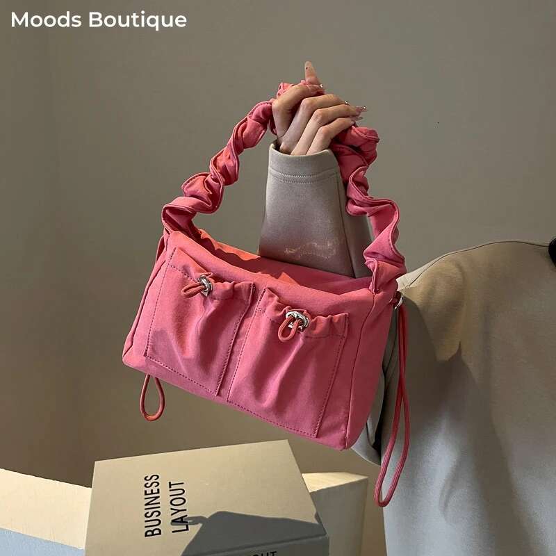 Pleated Design Shoulder Cross Body Bags Nylon Fabric Multi Pockets Satchels Drawstring Messenger Bag 2024 Latest Fashion Handbag