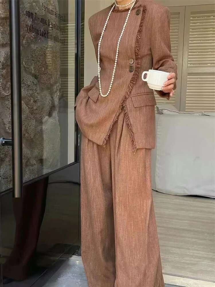 YERMORA Women Two-Piece Suit Irregular Tassel Blazer O-Neck Long Sleeve Fashion Tide Wide Leg Pants Spring Autumn 2025 New A236
