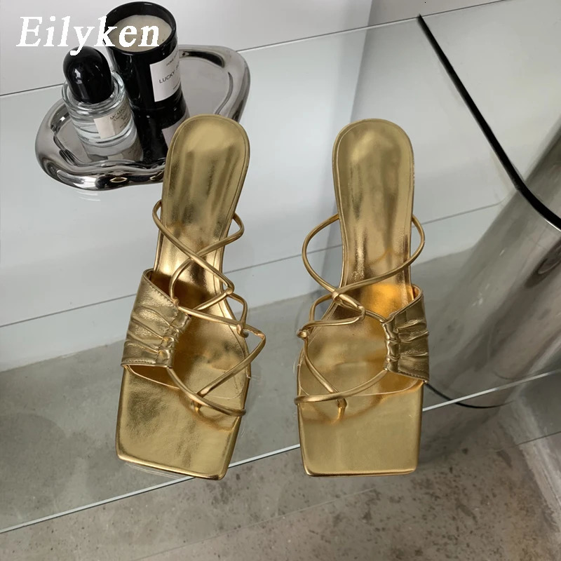 Eilyken Gold Narrow Band Women Slipper Female Square Pinch Toe Low Heel Slides Sandal Flip Flops Mujer Shoes 250306