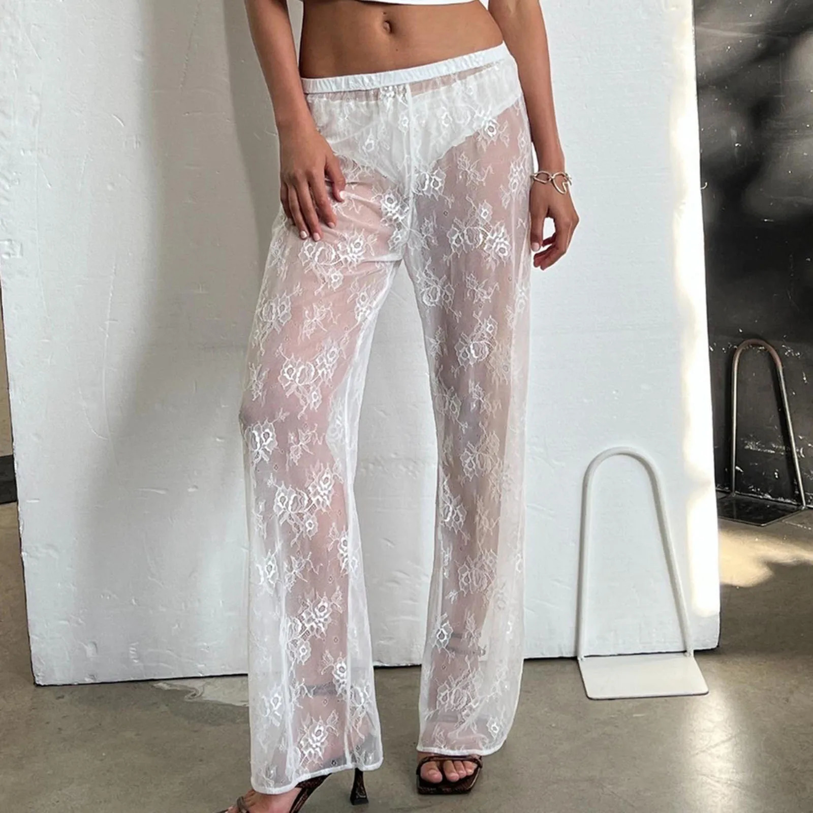 Womens Sheer Lace Pants Transparent Gothic Straight Leg Long Trousers Flower See Through Elastic Waist Slim Streetwear 250306