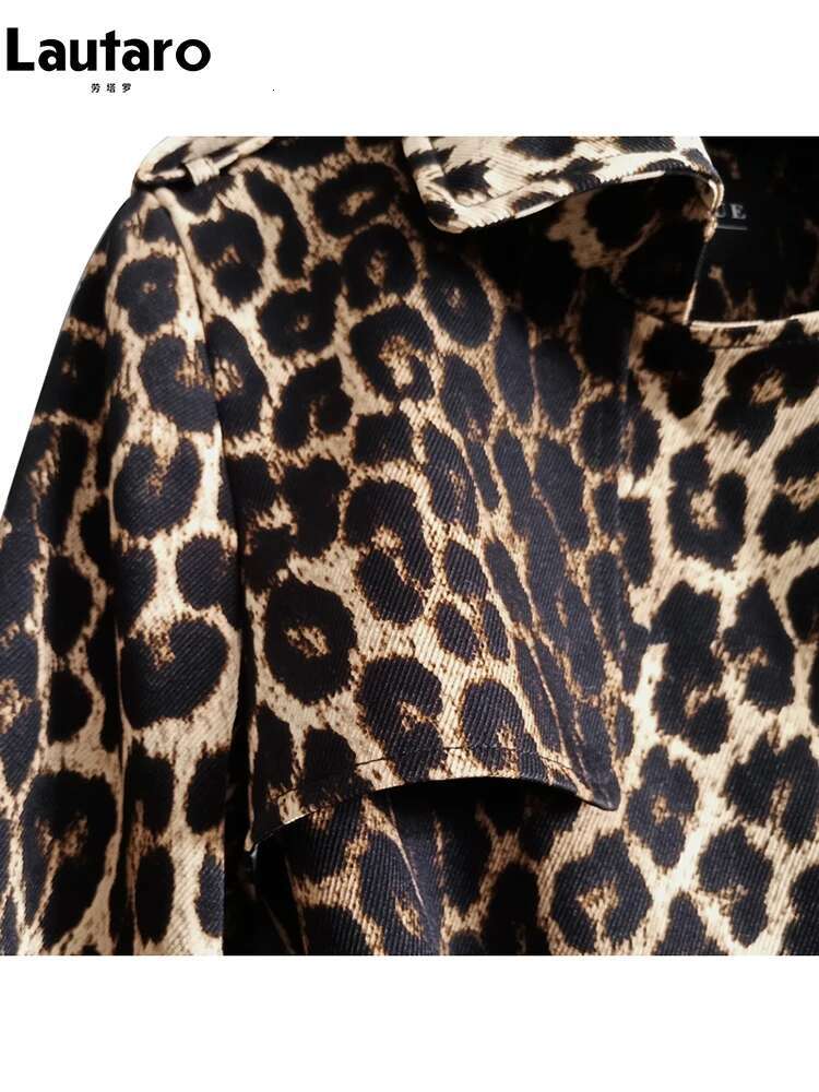 Lautaro Spring Autumn Long Stylish Leopard Print Trench Coat For Women Belt Double Breasted Casual Designer Clothes 2023