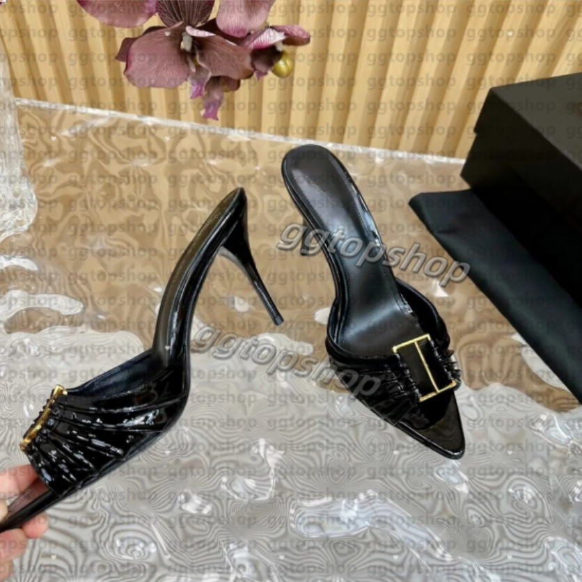 Elegant Dress Shoes Ladies Stiletto Slippers Mule Genuine Leather Fashionable New Letter Buckle Sharp Toes Sandals Women Designer High-Heeled Slipper
