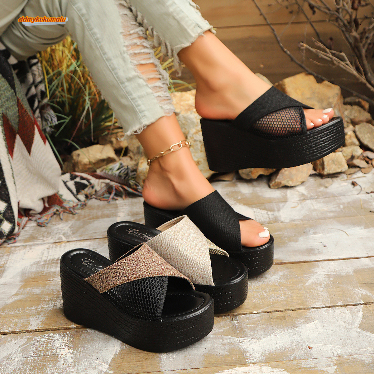 Slippers 2025 Large Thick Bottom Sandals Slope Heel Simple Summer Women's Shoes #ddmykukumalu