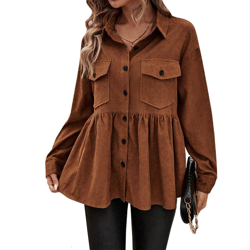 International Station Women's Versatile Commuter Long Sleeve Shirt Autumn/Winter Brown Loose Cardigan Top KLMY
