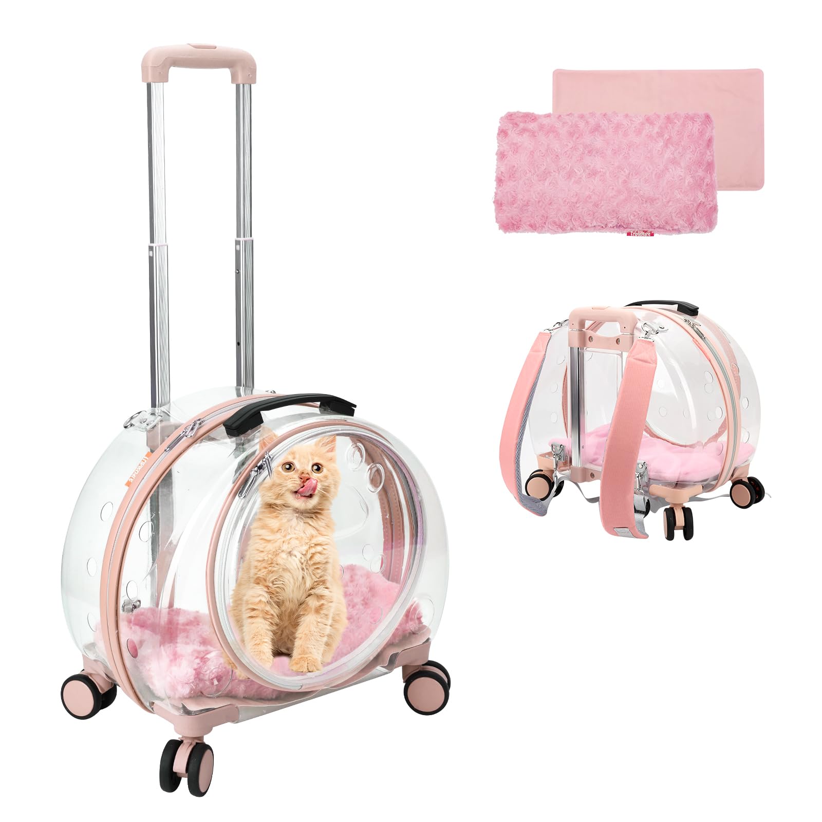 Transparent & Fully Breathable Hard cat Carrier with Rolling Wheels for Dogs, Cats, or Bunnies, Multiple Carrying Options, Perfect for Traveling/Takin