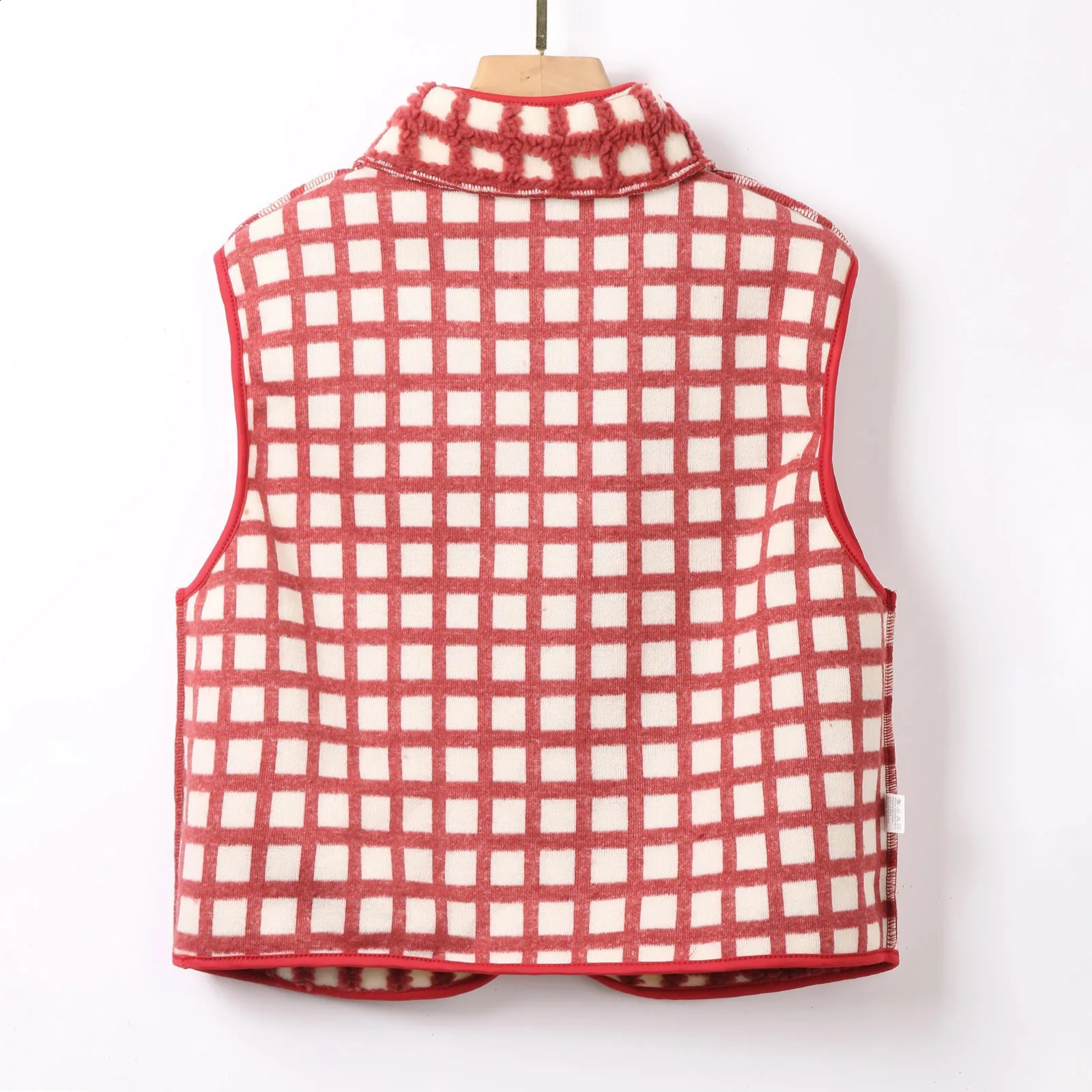 Retro Women Plaid Vest Jackets Autumn Winter Red Sleeveless Jacket Coat Stand Collar Zipper Vintage Outwear Coats 250227Z