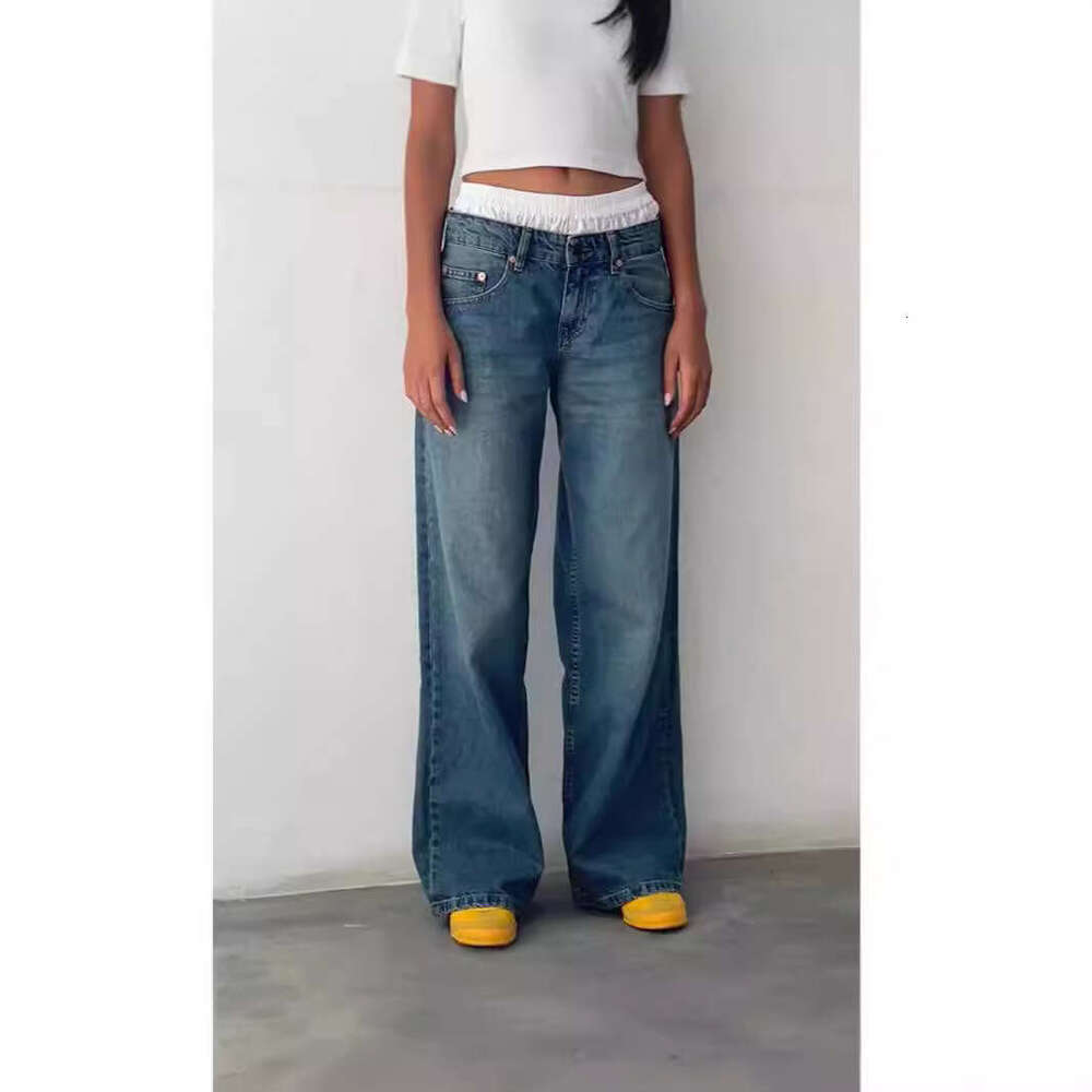 American retro low rise non elastic washed straight jeans autumn, new street wide leg denim pants for women in 2025, with a unique and elegant tempera