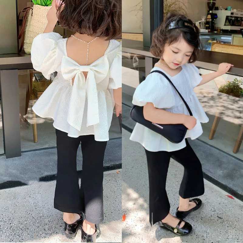 Summer Girls Short Sleeve Sweet Square Neck Bubble Backless Top Big Bow Fashion Versatile Short Sleeve Shirt Children ClothingT250306