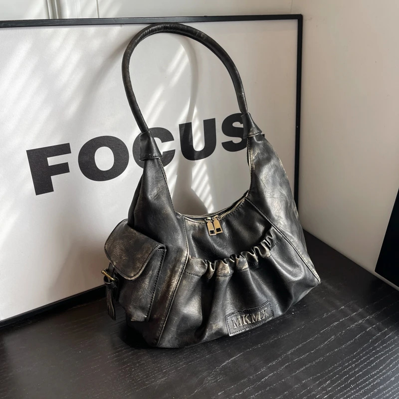 Distressed Vintage Shoulder Bags For Women Pleated Large Capacity Retro Hobo Bag Winter Handbags 250306