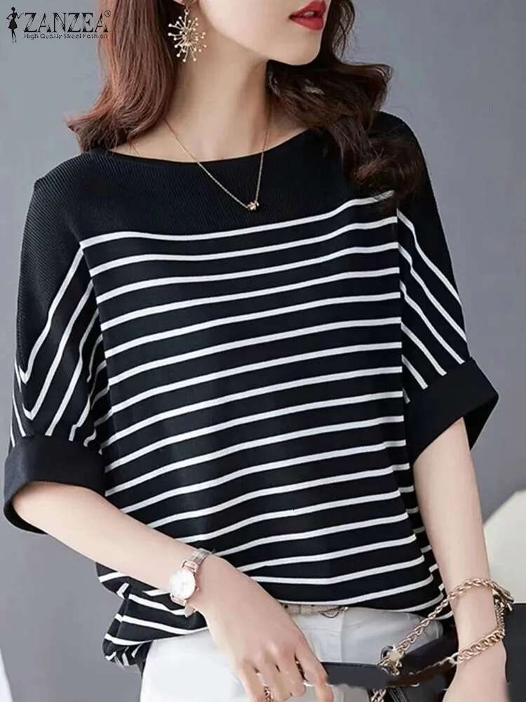 Women Summer Shirt 2024 ZANZEA Elegant Half Sleeve Striped Blouse Fashion OL Work Tops Female Casual Loose Party Blusas Chemise