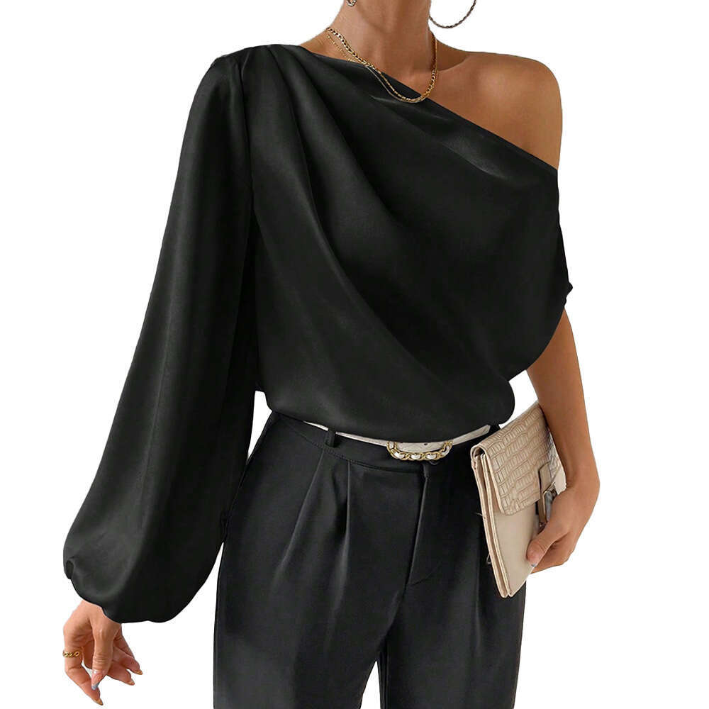 Women's Clothing Autumn And Winter Temperament Slanted Long Sleeved Sexy Off Shoulder Loose Neck Design Top KLMY