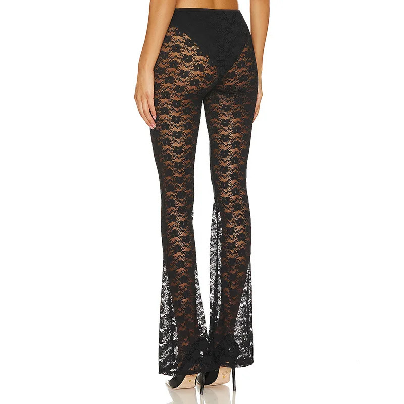 fashion floral lace pants with Versatile high elasticity and sexy perspective casual glitter 250306