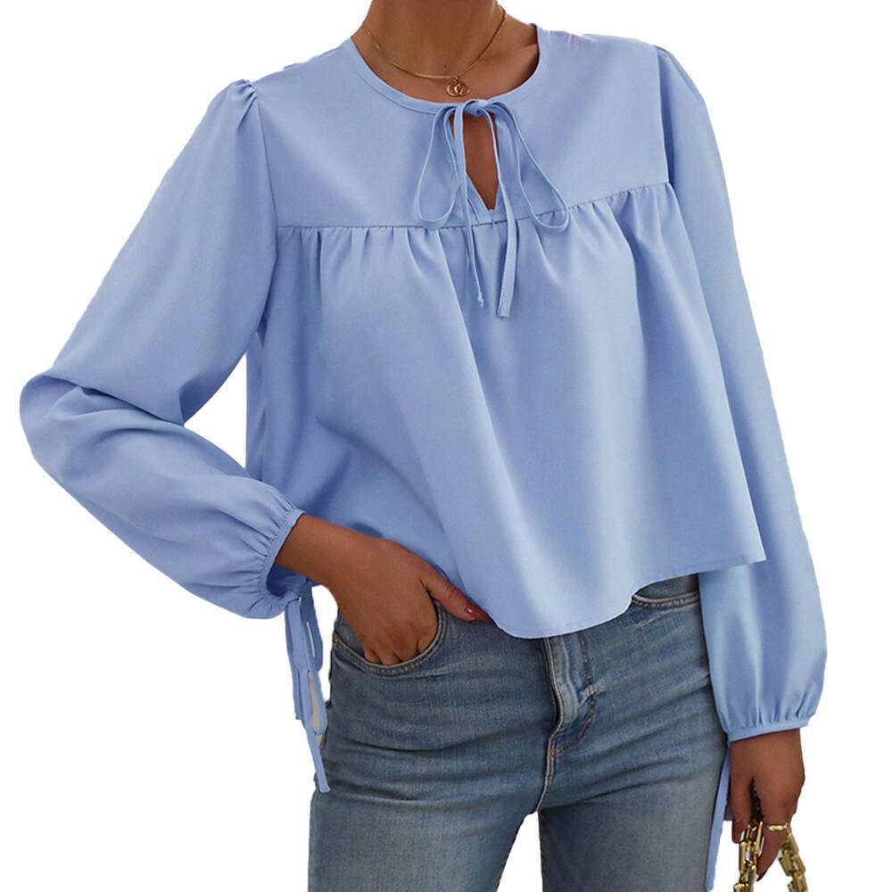Women's Clothing Autumn And Winter Round Neck Lace Up Bubble Sleeves Loose Casual Temperament Women's Pullover Top KLMY