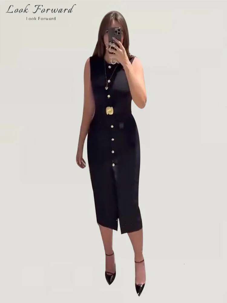 Elegant Midi Dress Woman O-Neck Single Breasted Sleeveless Pocket Dresses Female Front Slit Spring Summer Black Robe Lady Solid