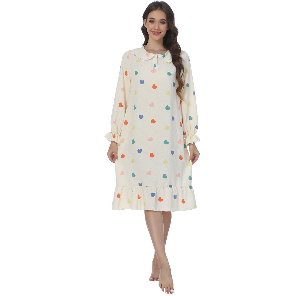 B756-Women's pajamas spring and autumn new long sleeves sweet ruffles colorful love round neck outer wear home clothes nightdress