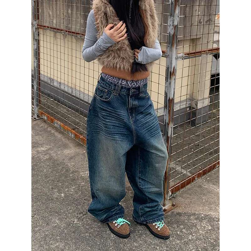 Y2k Style Blue Women Jeans 2024 Vintage Fashion High Waisted Streetwear Wide Leg Jean Female Trouser Hip Hop Baggy Denim Pants