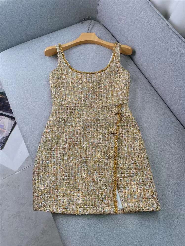 Spring Autumn New Temperament Tweed Mini Dress Women Sexy U-Neck Plaid Knit Hem Split Skirt Dia Button Tank Robe Ladies