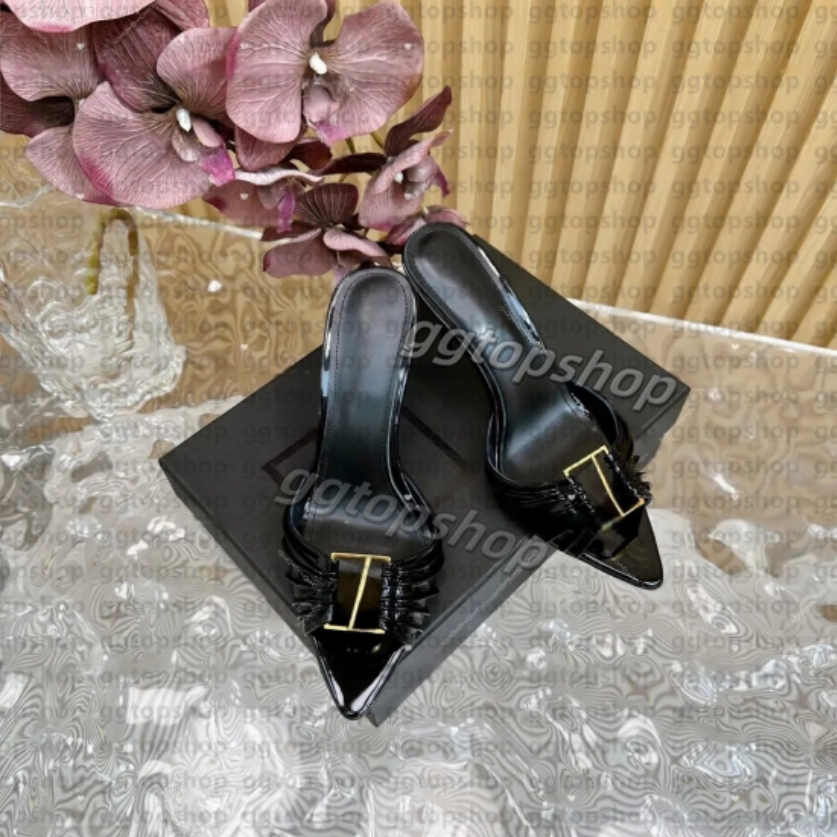 Elegant Dress Shoes Ladies Stiletto Slippers Mule Genuine Leather Fashionable New Letter Buckle Sharp Toes Sandals Women Designer High-Heeled Slipper