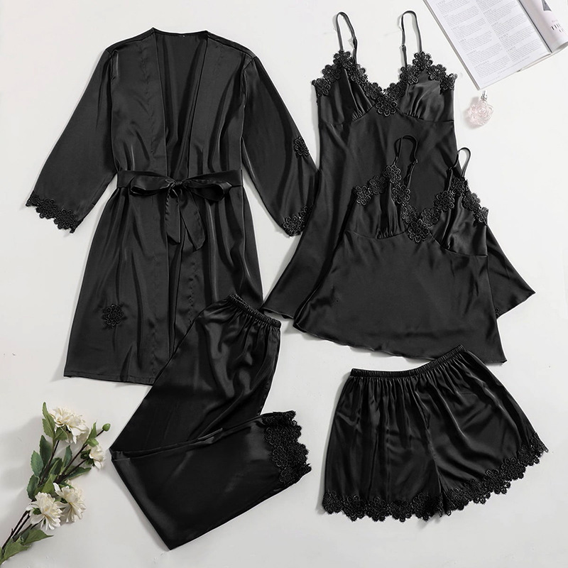Chic Women's Boudoir Outfit - Simulated Silk Pajama Set Featuring Delicate Lace Design
