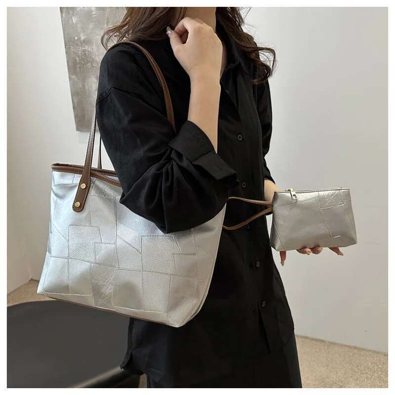 PU Vintage Patchwork Leather Casual Tote Bags For Women, Large Capacity Shoulder Bag Ladies Handbags And Purses Women,
