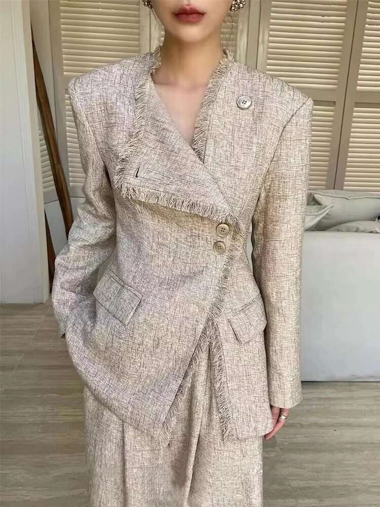 YERMORA Women Two-Piece Suit Irregular Tassel Blazer O-Neck Long Sleeve Fashion Tide Wide Leg Pants Spring Autumn 2025 New A236