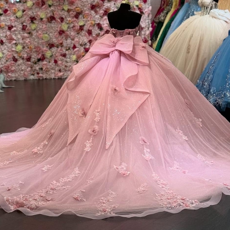 Luxury Pink Shiny Quinceanera Dresses Applique Flower Beads Tull Corset Princess Ball Gown Sweet 16 Vestidos 15 De XV Anos Party Gown