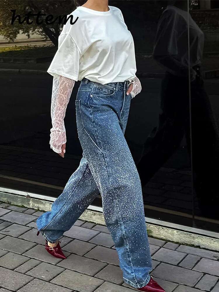 Fashion Women's Rhie Jeans Casual High Wait Wide Leg Pockets Denim Pants 2025 Spring Lady Y2k Street Baggy Trousers
