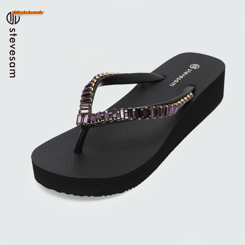 4CM Thick Bottom Water Diamond Slippers for Women's Summer New Fashionable Outerwear Height Increasing Shoes Beach Anti slip and Wear resistant F