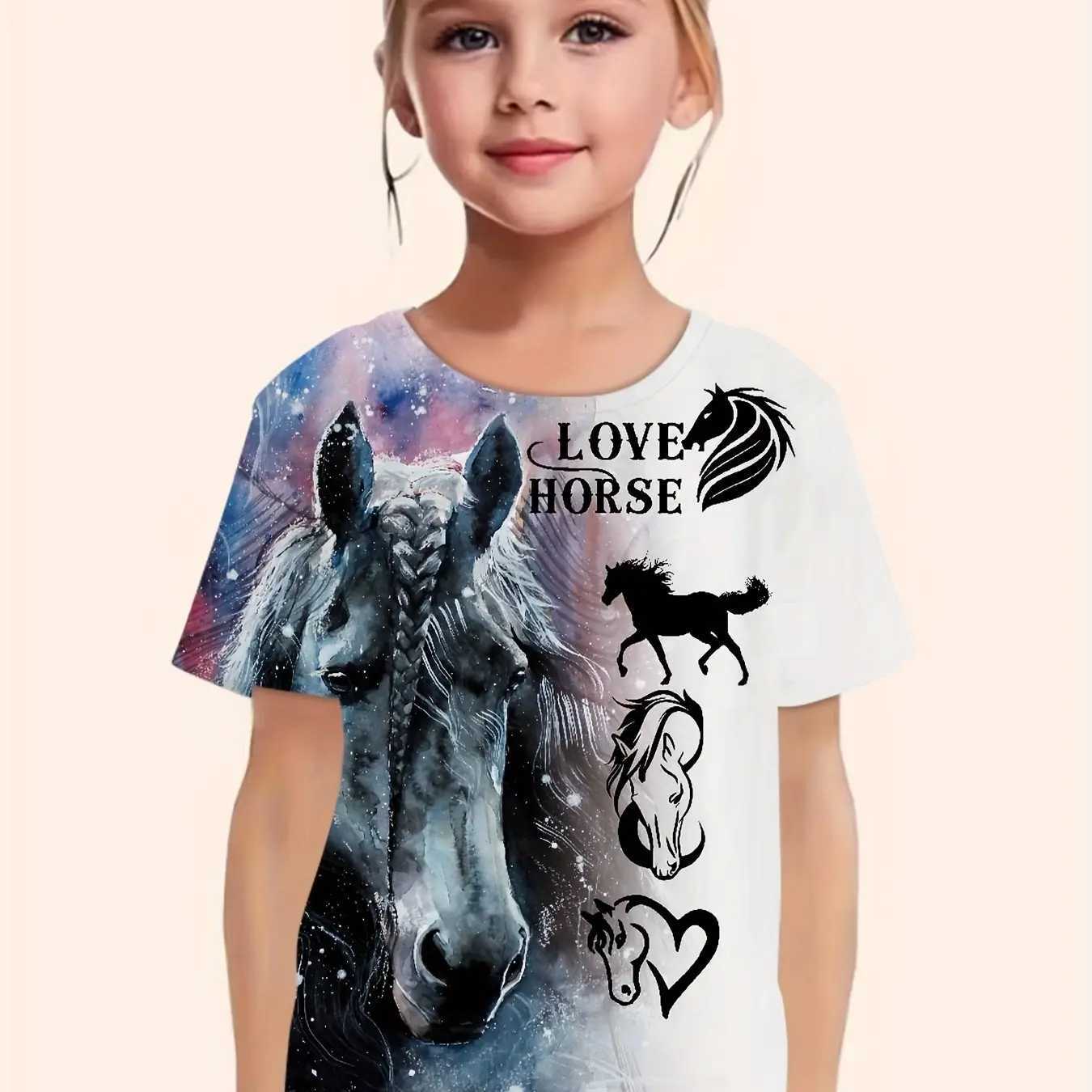 Childrens Clothing Girl Clothes Short Sleeve Girl T-Shirt Casual Vintage Horse Print Kids Summer Clothes Girl Top O-Neck TeesT250306