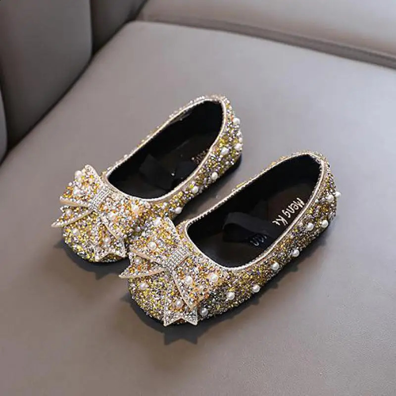 Childrens Flats Kids Single Shoes Fashion Girls Pink Rhinestone Bow Silver Princess Shoes Students Show Shoes H791 250305