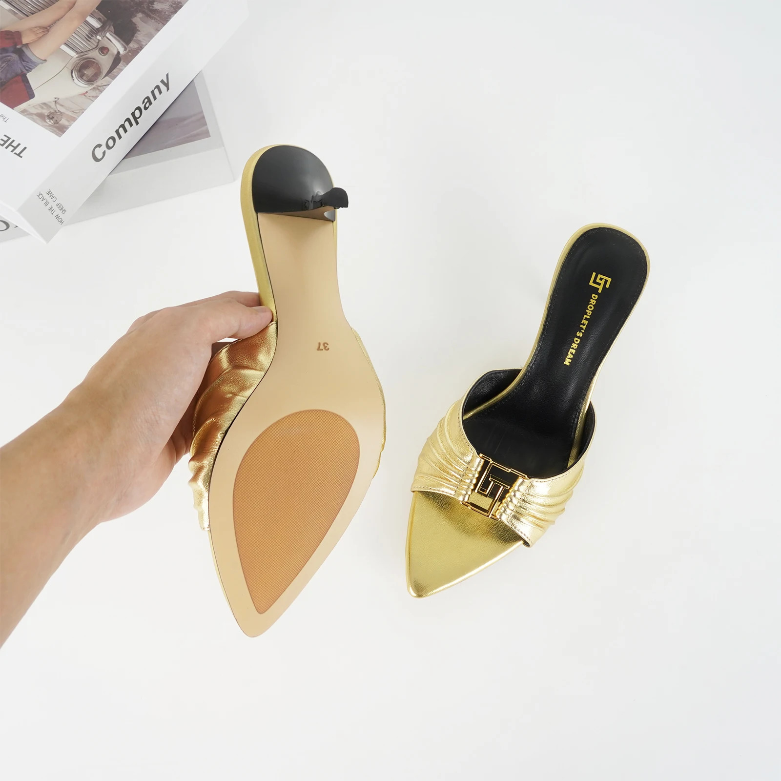Ladies high heels plus size pointed toe exposed toe slim heel slippers luxurious leather party shoes summer style 250305