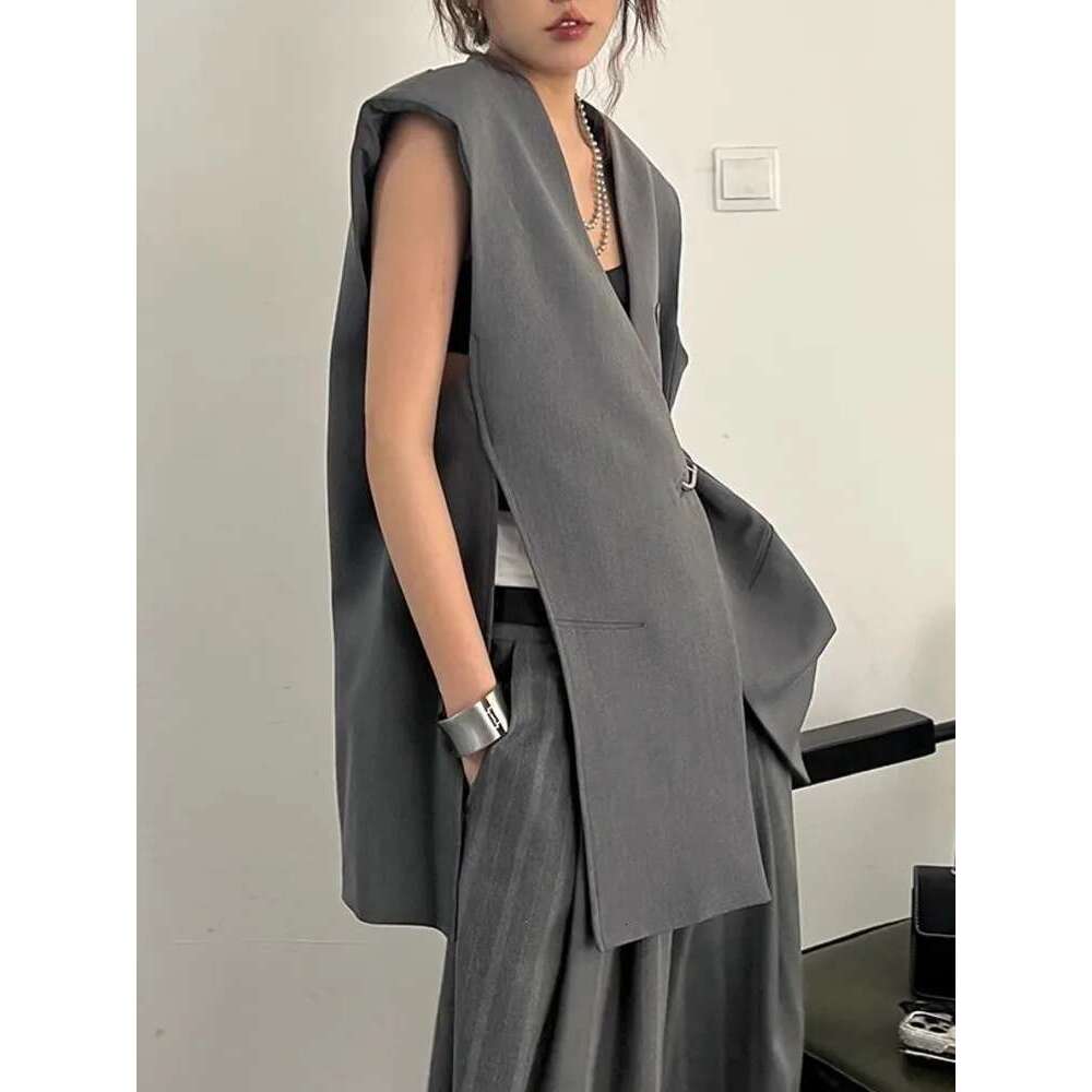 Loose Silhouette Sleeveless Collarless Blazer Vest Camisole For Women 2024 Spring Autumn New Fashion Female Clothing