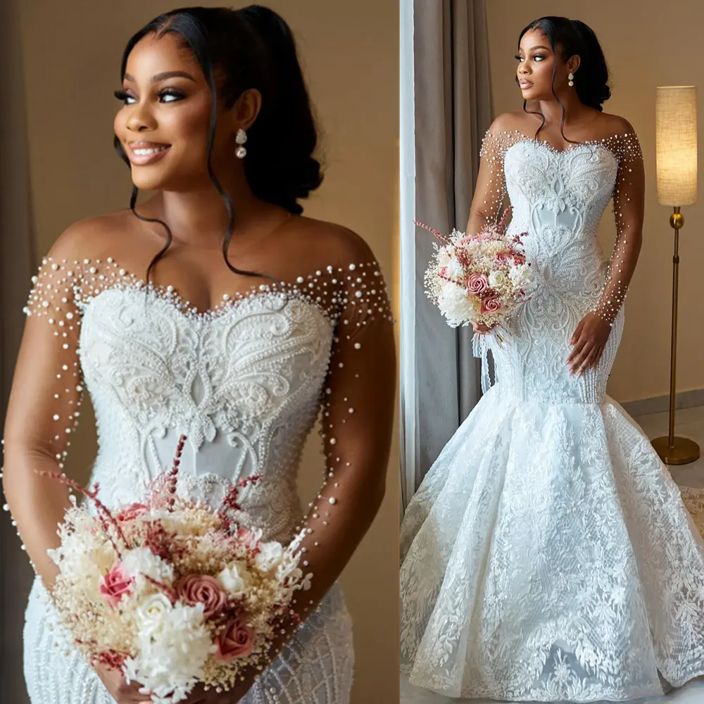 Luxury Illusion Mermaid Wedding Dresses 2025 Long Sleeves Pearls Appliqued Lace Bridal Gowns Chic Vestidos De Noiva Robe De Mariage Plus Size