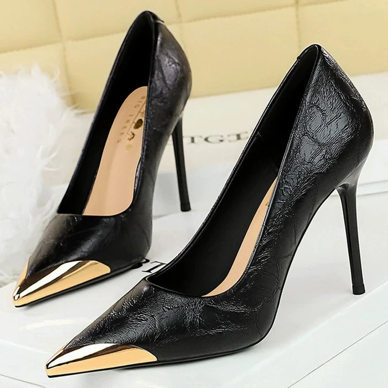 BIGTREE Shoes Women 9.5 cm silvery black white Wine Red Women Pumps Metal pointed tip High Heels Sexy party shoes stilettos 250306