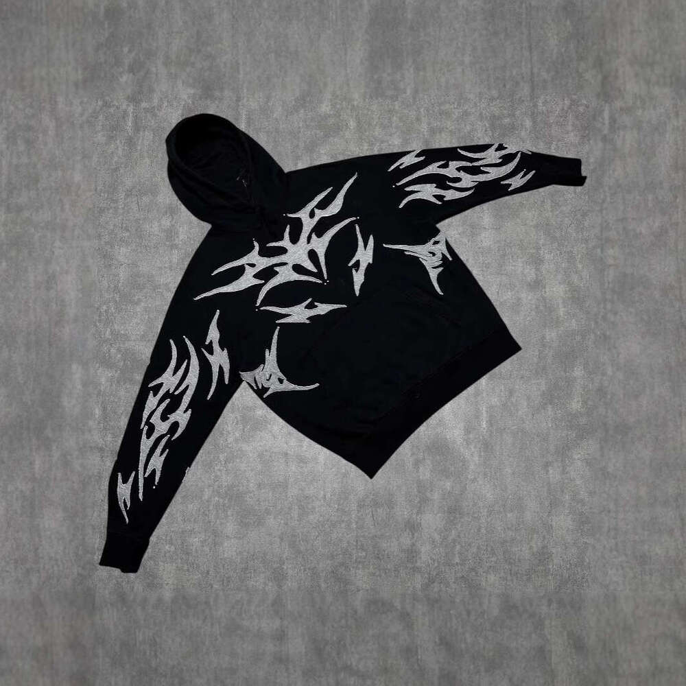Y2K Cool Tide Dark Night with Unique White Skull Embroidery Design Pattern Black Hoodie