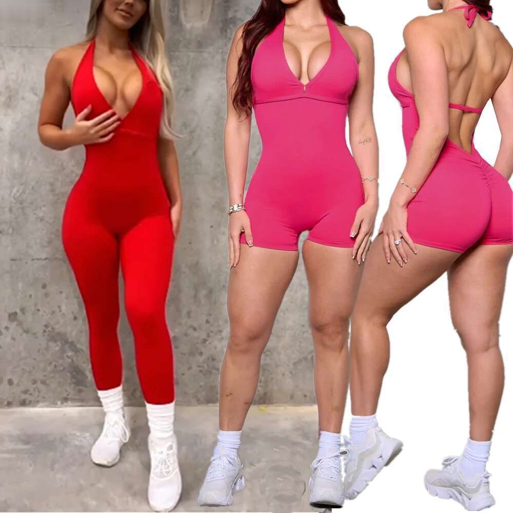 New Pad Nylon V Back One Piece Jumpsuit Skinny Yoga Set Scrunch Pant Breathable Women Wrinkle Peach Hip Exercise Workout Active KLMY