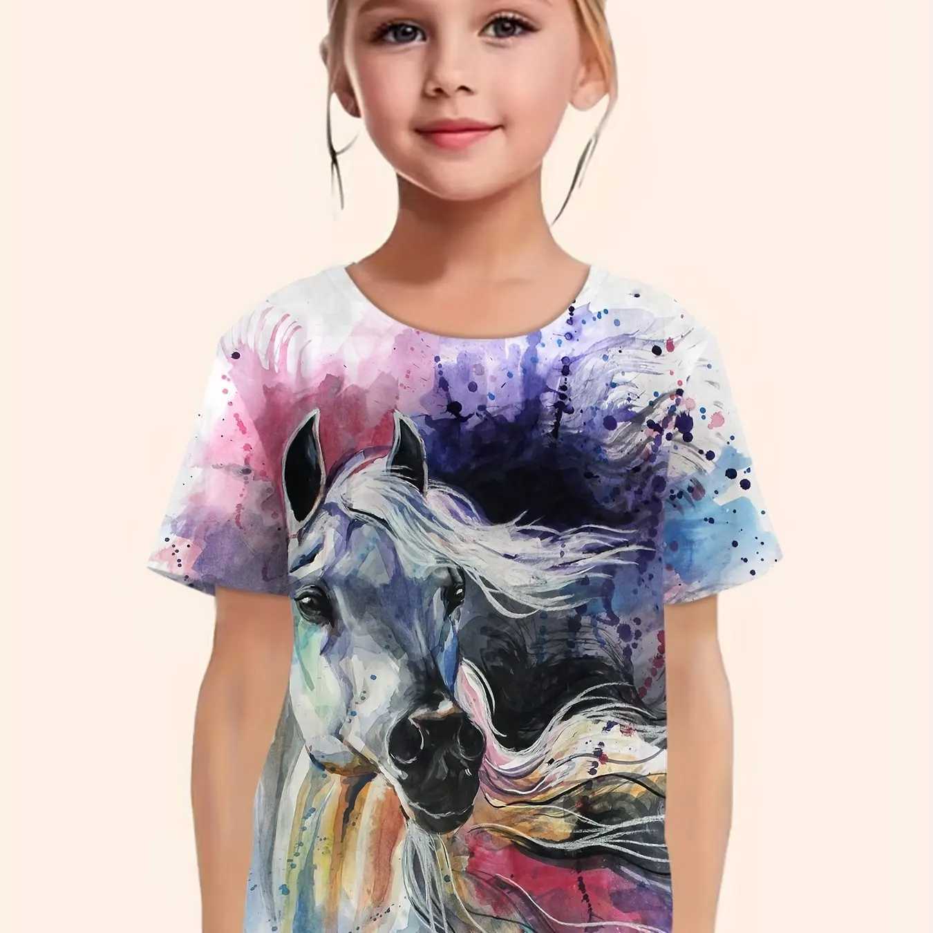 Childrens Clothing Girl Clothes Short Sleeve Girl T-Shirt Casual Vintage Horse Print Kids Summer Clothes Girl Top O-Neck TeesT250306