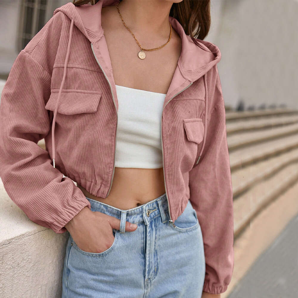 Women's Clothing Autumn And Winter New Loose Casual Solid Color Hooded Ultra Short American Jacket KLMY