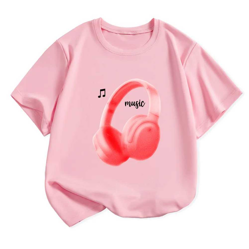 Ring Summer Casual Short-sleeved T-shirt Music Earphones Printed Round Neck Comfortable Childrens Clothing Girl Boys ClothesT250306
