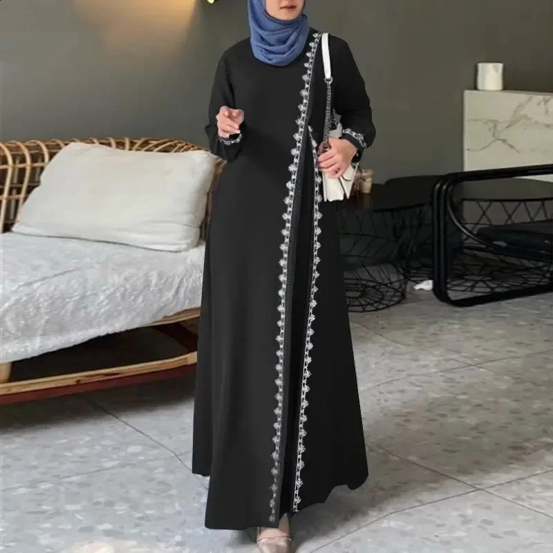 H726# Muslim Womens Long Sleeve Embroidered Dress Casual Spring Fashion Vest Dress Floral Print Loose Fit Maxi Dress 250305