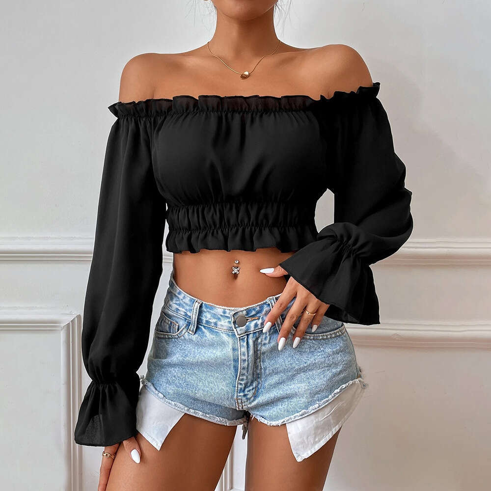 Autumn Sexy Casual Home Collection Waist With Wooden Leaf Edges, Long Sleeve Women's Shirt Top KLMY
