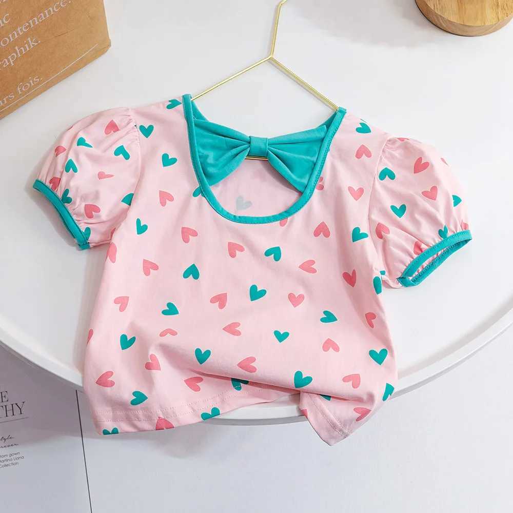 Summer Baby Girls Floral T-shirts Korea Style Bow Puffy Sleeve O-Neck Shirts Kids Girl Tops Children Clothes Tees 1-6Years OldT250306