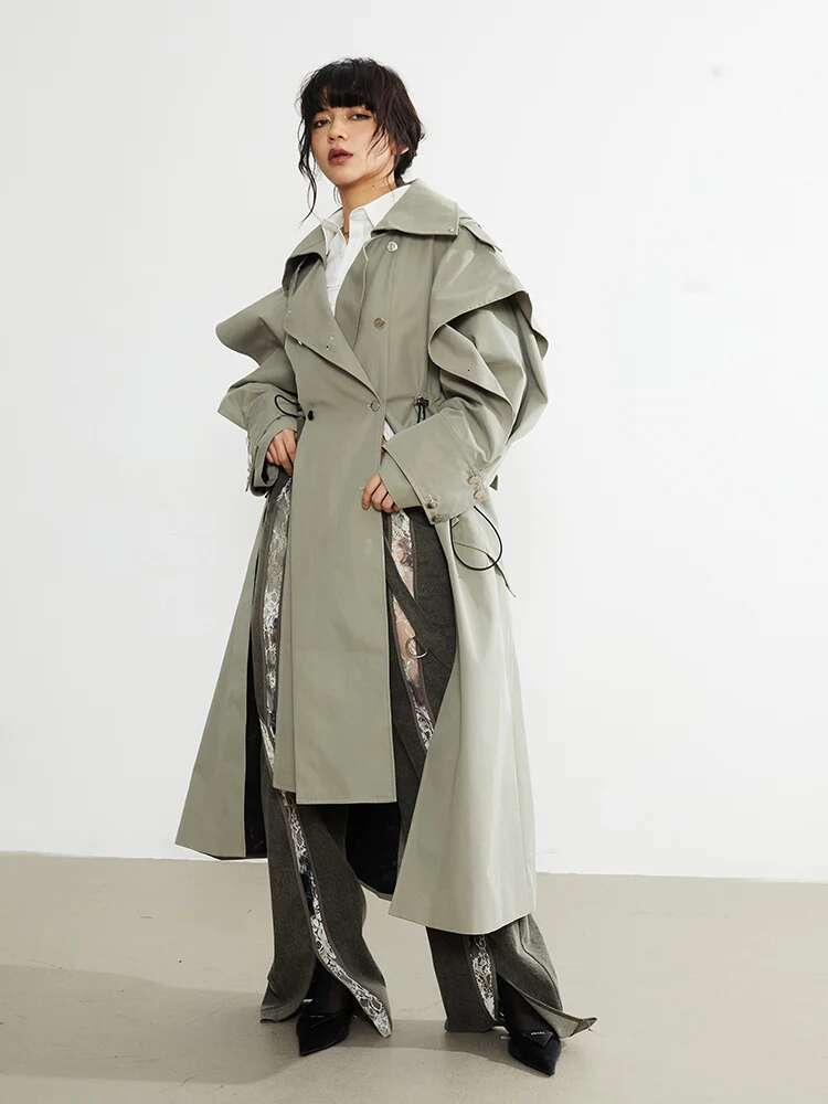 Plusizeshe Spring Autumn Long Elegant Chic Trench Coat For Women With Drawstring Waist Double Breasted Designer Clothes